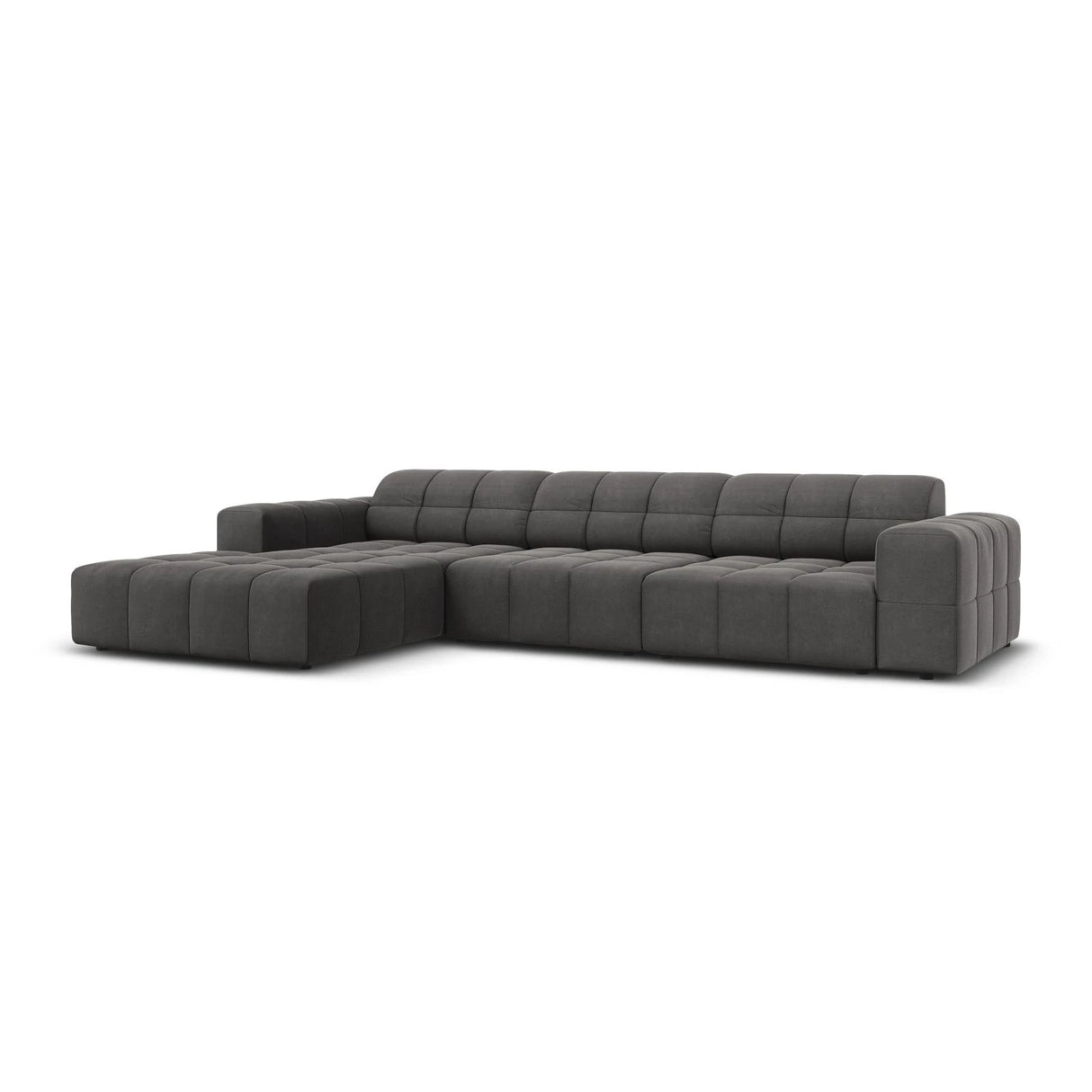 Jennifer 4-Sitzer Ecksofa, Linke Seite, mit Bezug aus Samt (Bluvel 14) in Grau, 284x166 cm – Bild 3