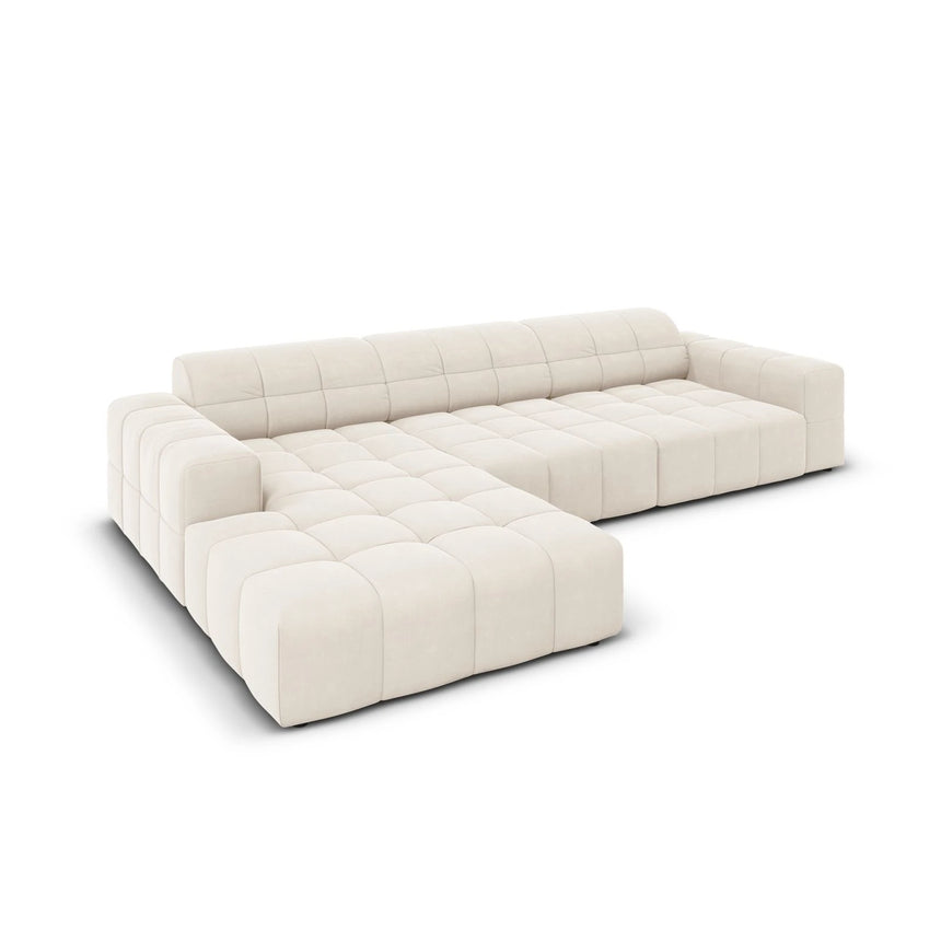 Jennifer 4-Sitzer Ecksofa, Linke Seite, mit Bezug aus Samt (Bluvel 22) in Leichtes Beige, 284x166 cm – Bild 4