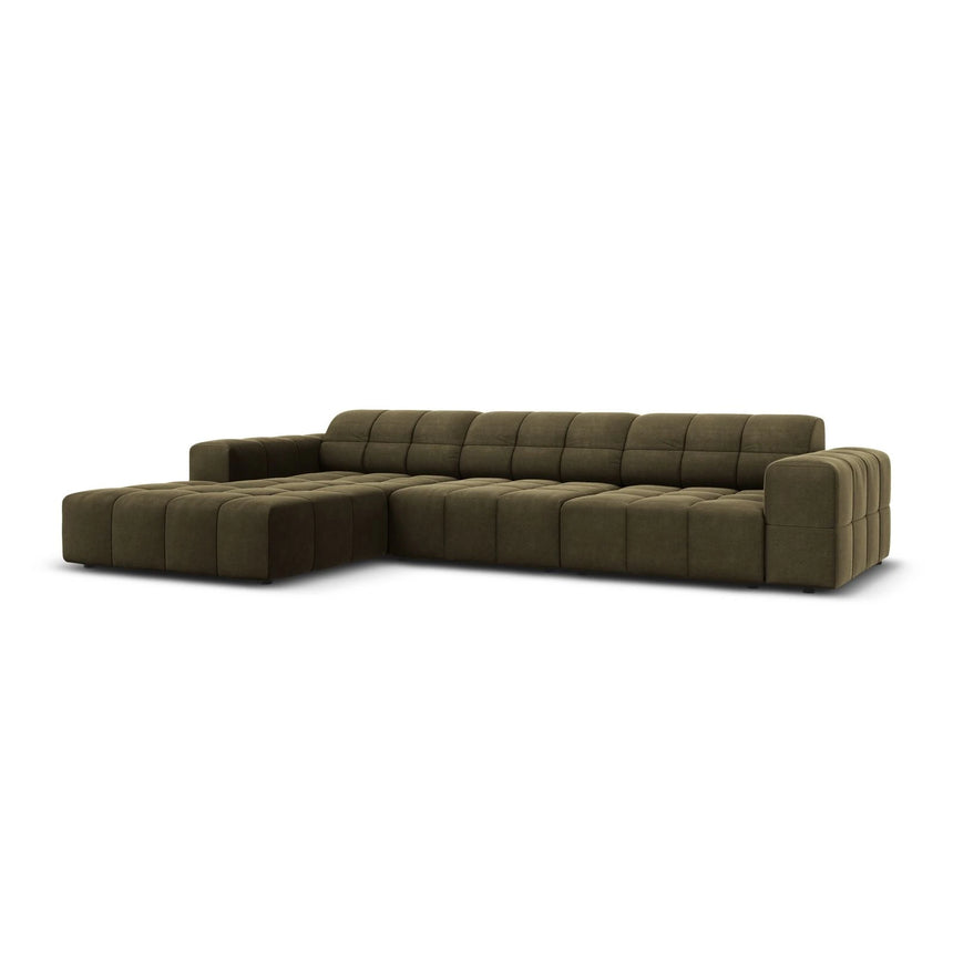 Jennifer 4-Sitzer Ecksofa, Linke Seite, mit Bezug aus Samt (Bluvel 77) in Grün, 284x166 cm – Bild 3