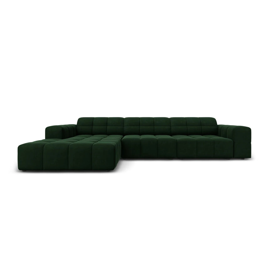 Jennifer 4-Sitzer Ecksofa, Linke Seite, mit Bezug aus Samt (Bluvel 78) in Flaschengrün, 284x166 cm – Bild 1