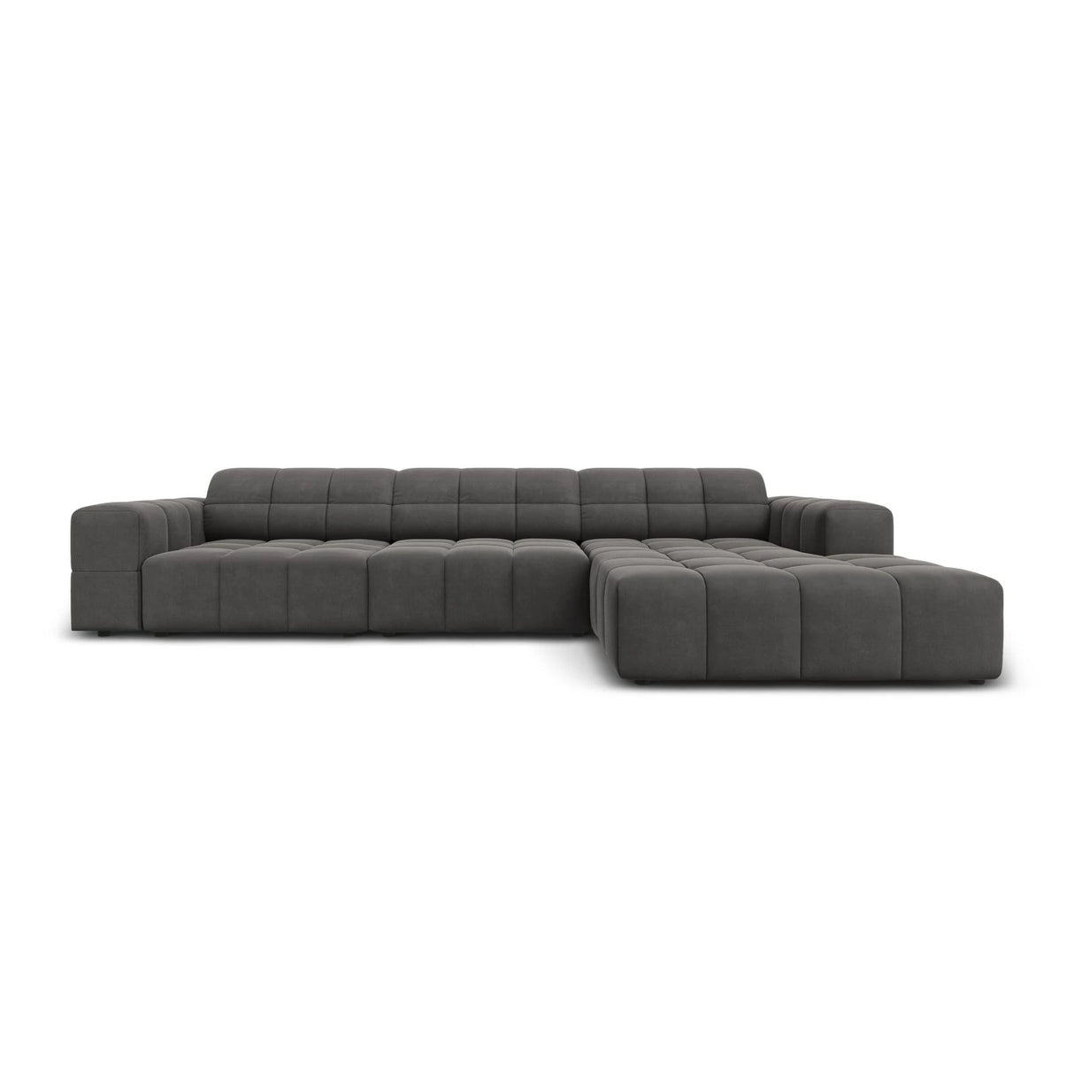 Jennifer 4-Sitzer Ecksofa, Rechte Seite, mit Bezug aus Samt (Bluvel 14) in Grau, 284x166 cm – Bild 1