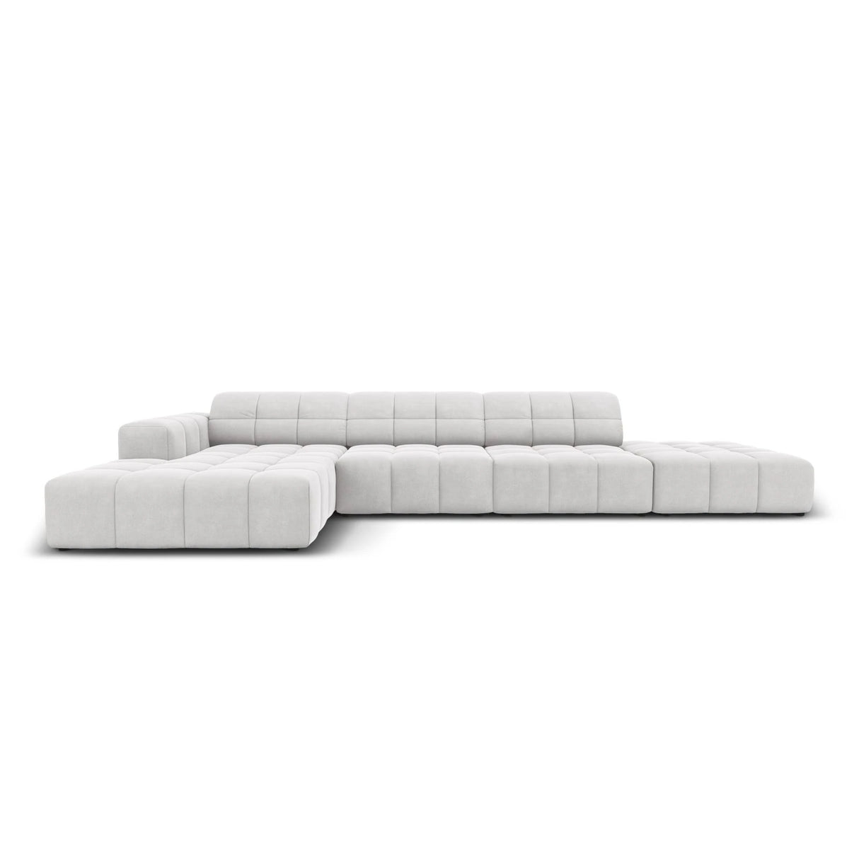 Jennifer 5-Sitzer Ecksofa, Linke Seite, mit Bezug aus Samt (Bluvel 03) in Silver, 341x166 cm – Bild 1