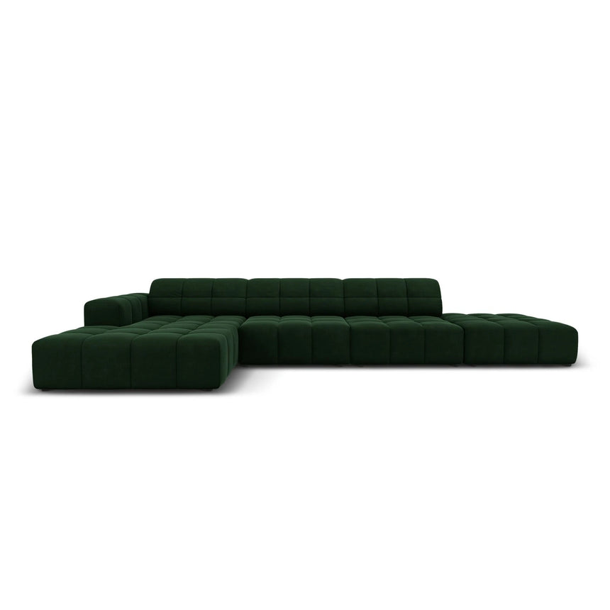 Jennifer 5-Sitzer Ecksofa, Linke Seite, mit Bezug aus Samt (Bluvel 78) in Flaschengrün, 341x166 cm – Bild 1
