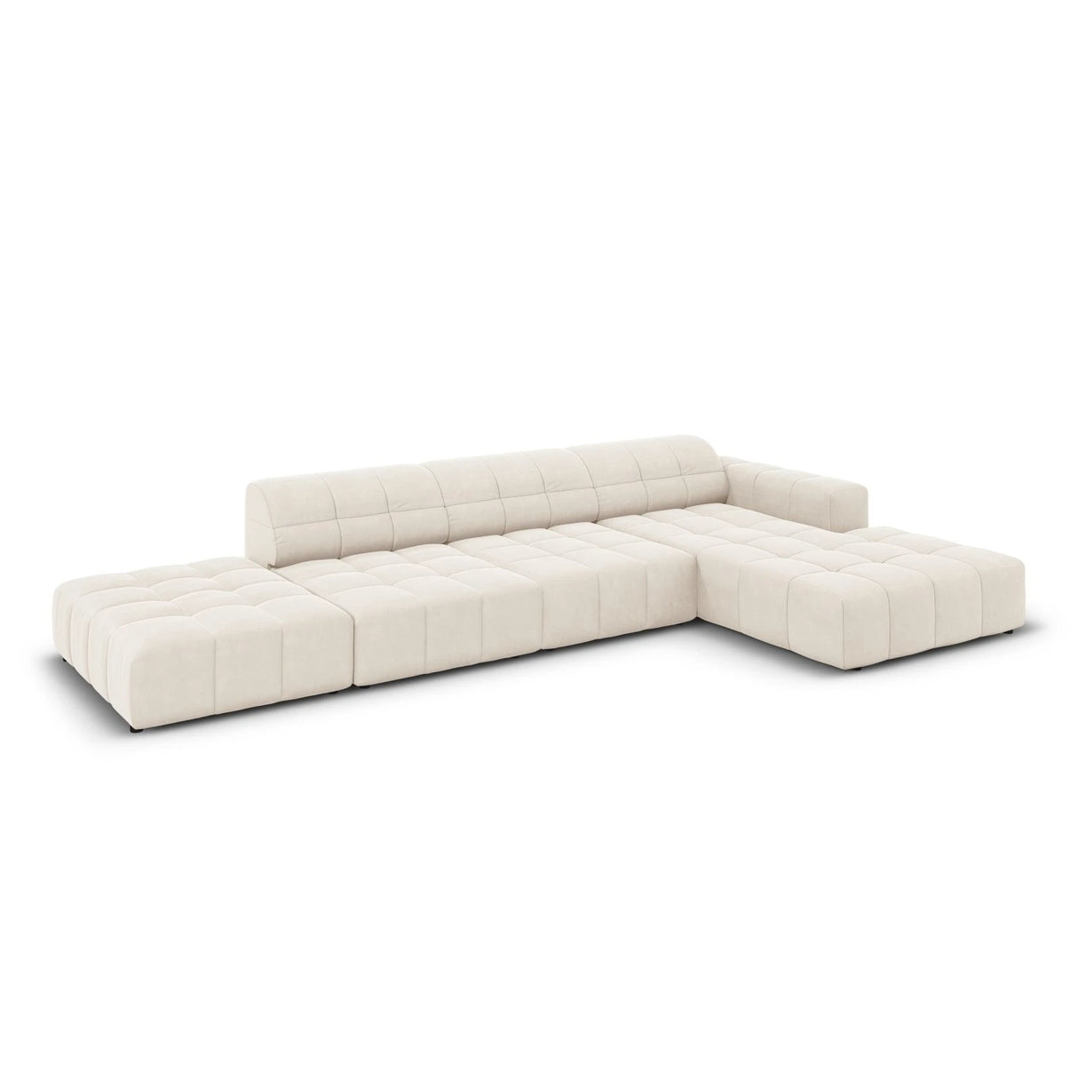 Jennifer 5-Sitzer Ecksofa, Rechte Seite, mit Bezug aus Samt (Bluvel 22) in Leichtes Beige, 341x166 cm – Bild 4