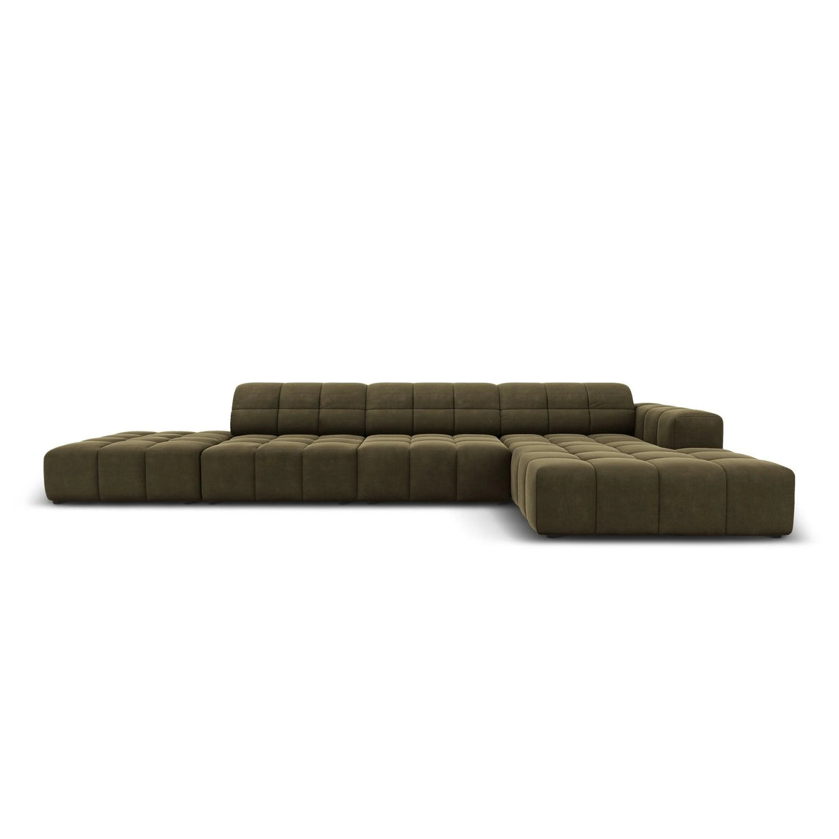 Jennifer 5-Sitzer Ecksofa, Rechte Seite, mit Bezug aus Samt (Bluvel 77) in Grün, 341x166 cm – Bild 1
