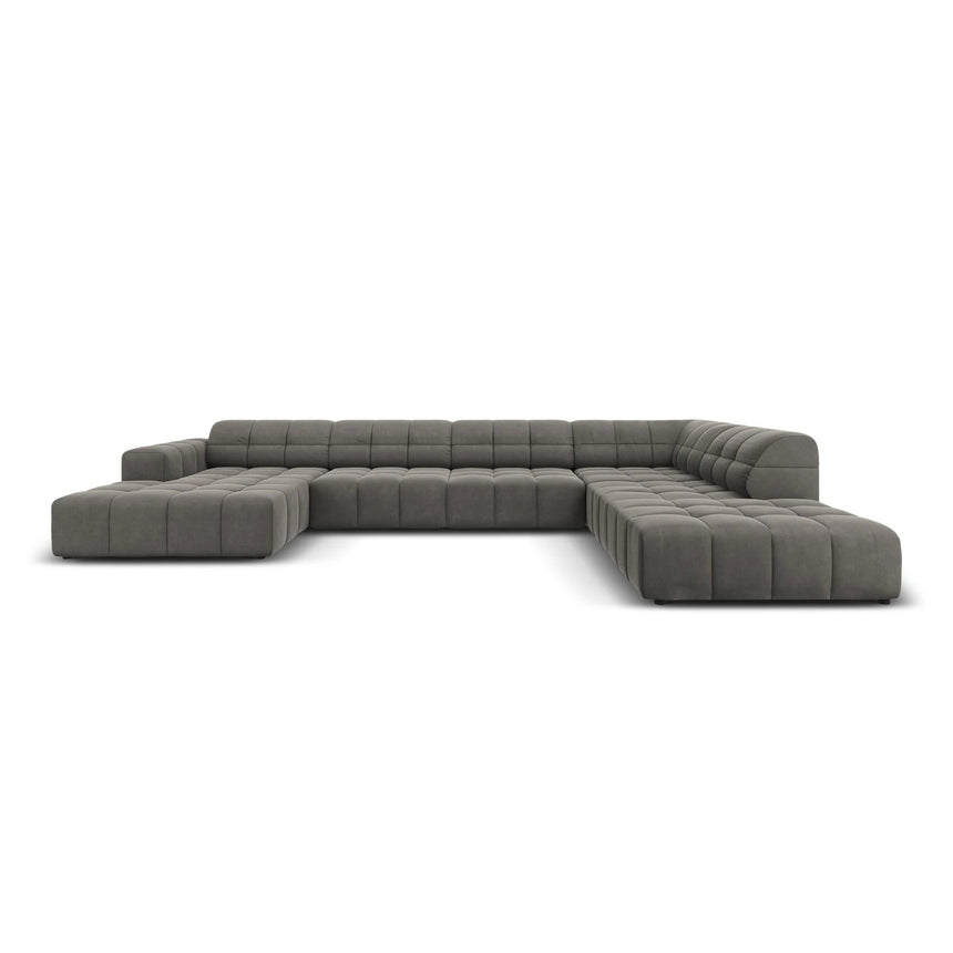 Jennifer 7-Sitzer Panorama-Sofa Rechts, mit Bezug aus Samt (Bluvel 13) in Hellgrau, 364x262 cm – Bild 1