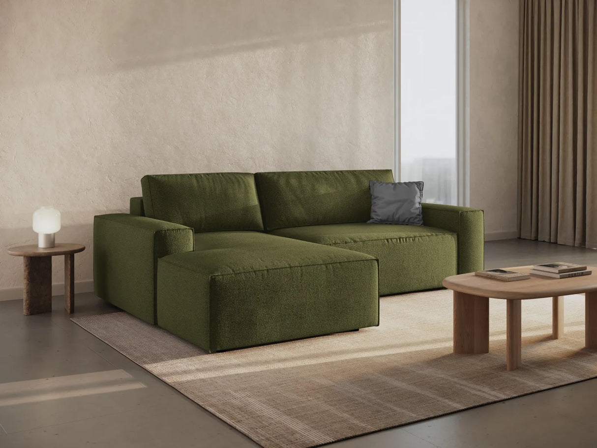 Jodie 3-Sitzer Ecksofa Links mit Schlaffunktion und Bettkasten mit Bezug aus Boucle (Bal2090) in Dunkles olivgrün, 246x151 cm – Bild 1