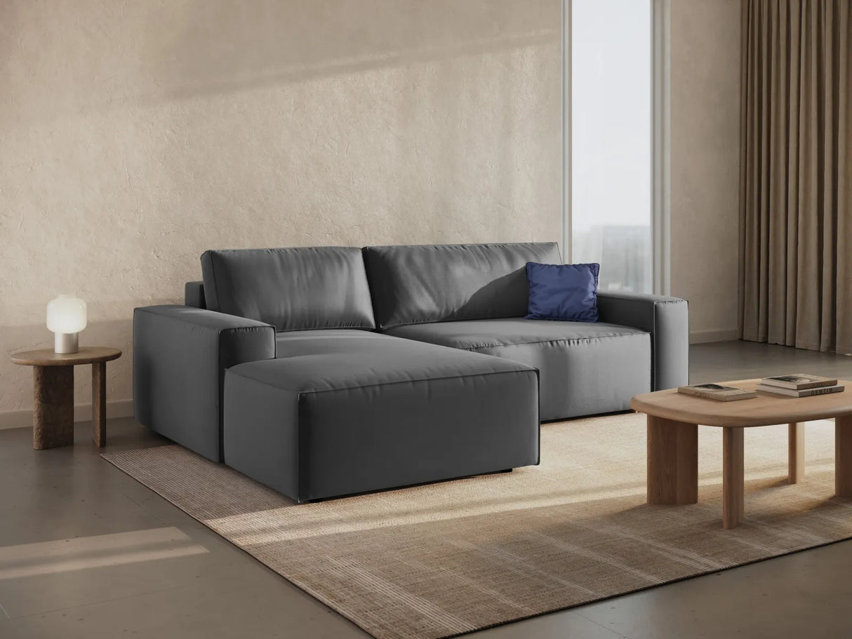 Jodie 3-Sitzer Ecksofa Links mit Schlaffunktion und Bettkasten mit Bezug aus Samt (Blu14) in Grau, 246x151 cm – Bild 1