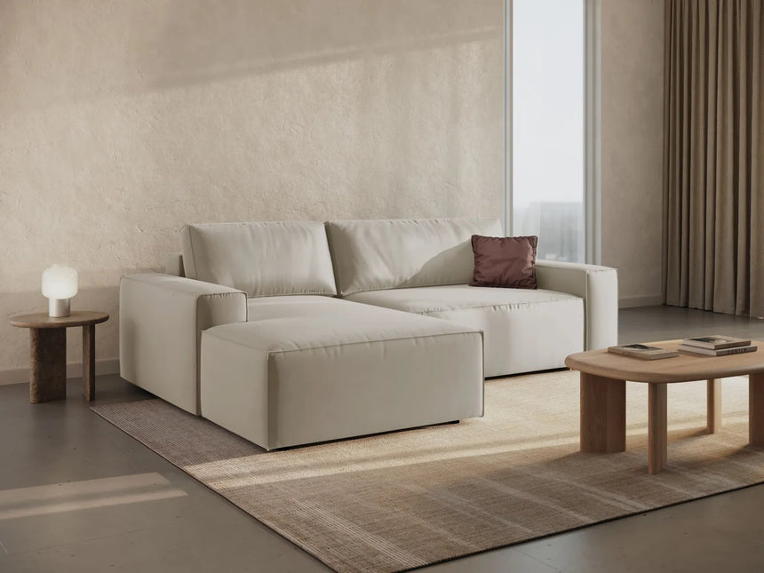 Jodie 3-Sitzer Ecksofa Links mit Schlaffunktion und Bettkasten mit Bezug aus Samt (Blu30) in Dunkelbeige, 246x151 cm – Bild 9