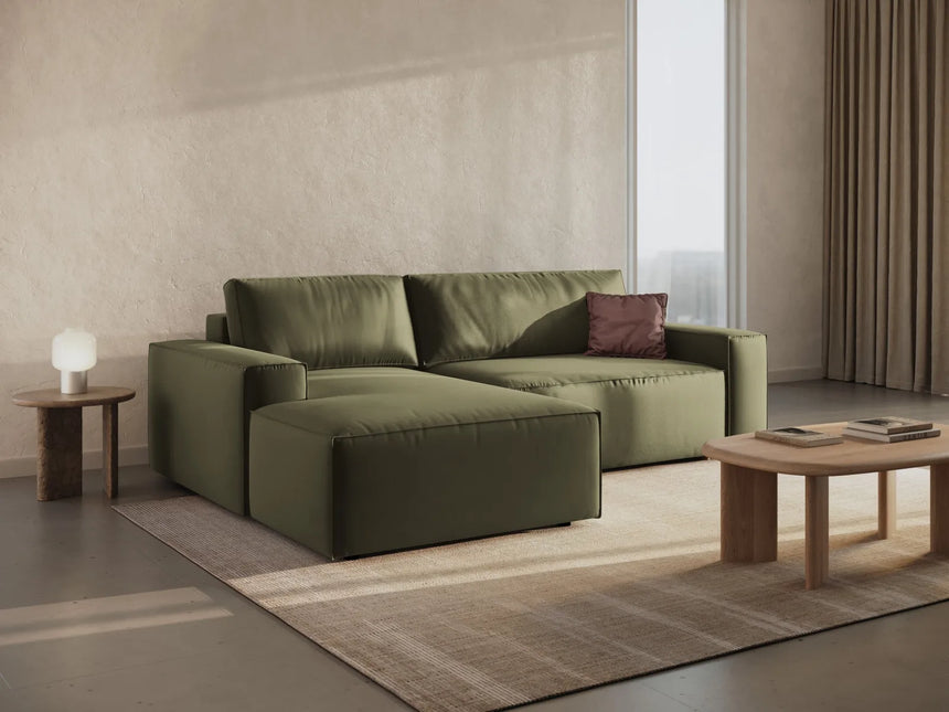 Jodie 3-Sitzer Ecksofa Links mit Schlaffunktion und Bettkasten mit Bezug aus Samt (Blu77) in Grün, 246x151 cm – Bild 1