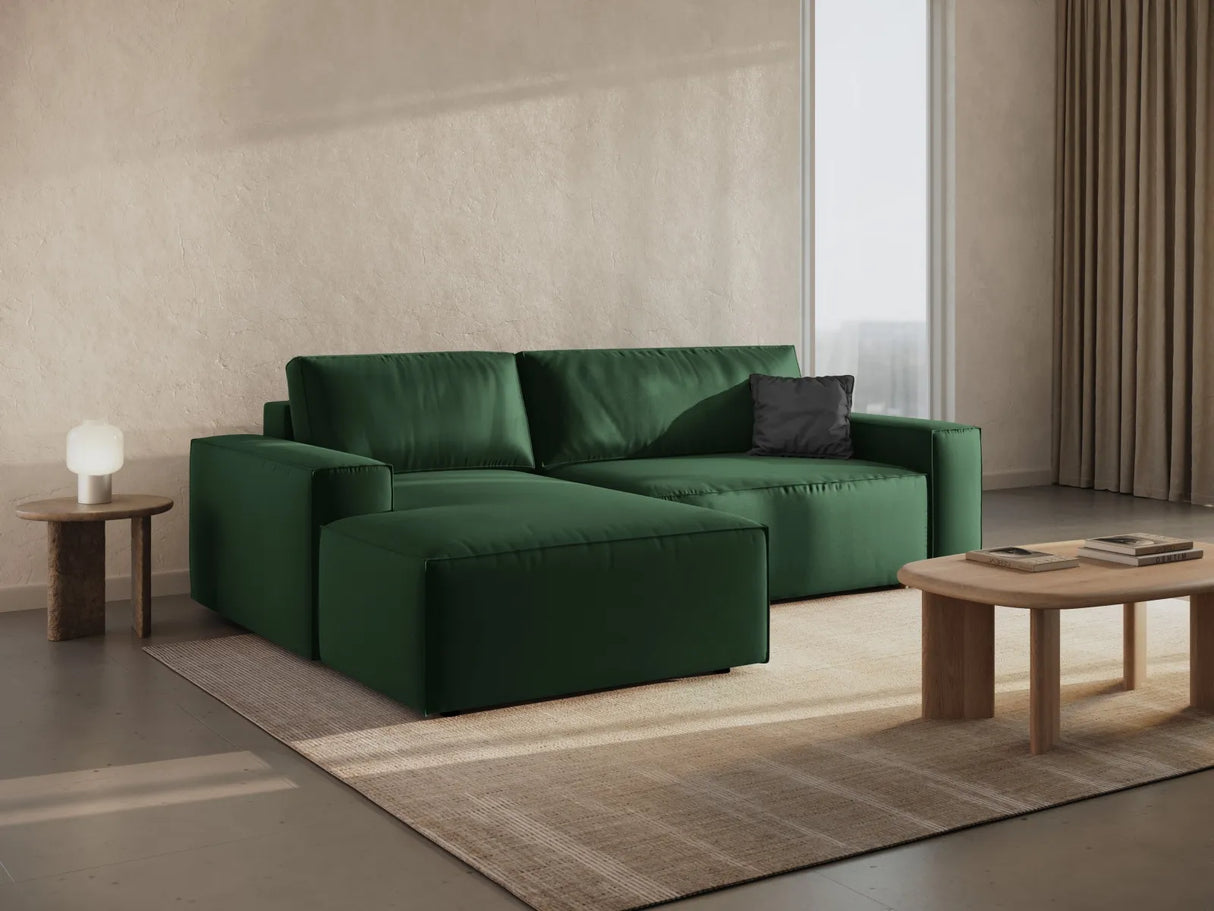 Jodie 3-Sitzer Ecksofa Links mit Schlaffunktion und Bettkasten mit Bezug aus Samt (Blu78) in Flaschengrün, 246x151 cm – Bild 1