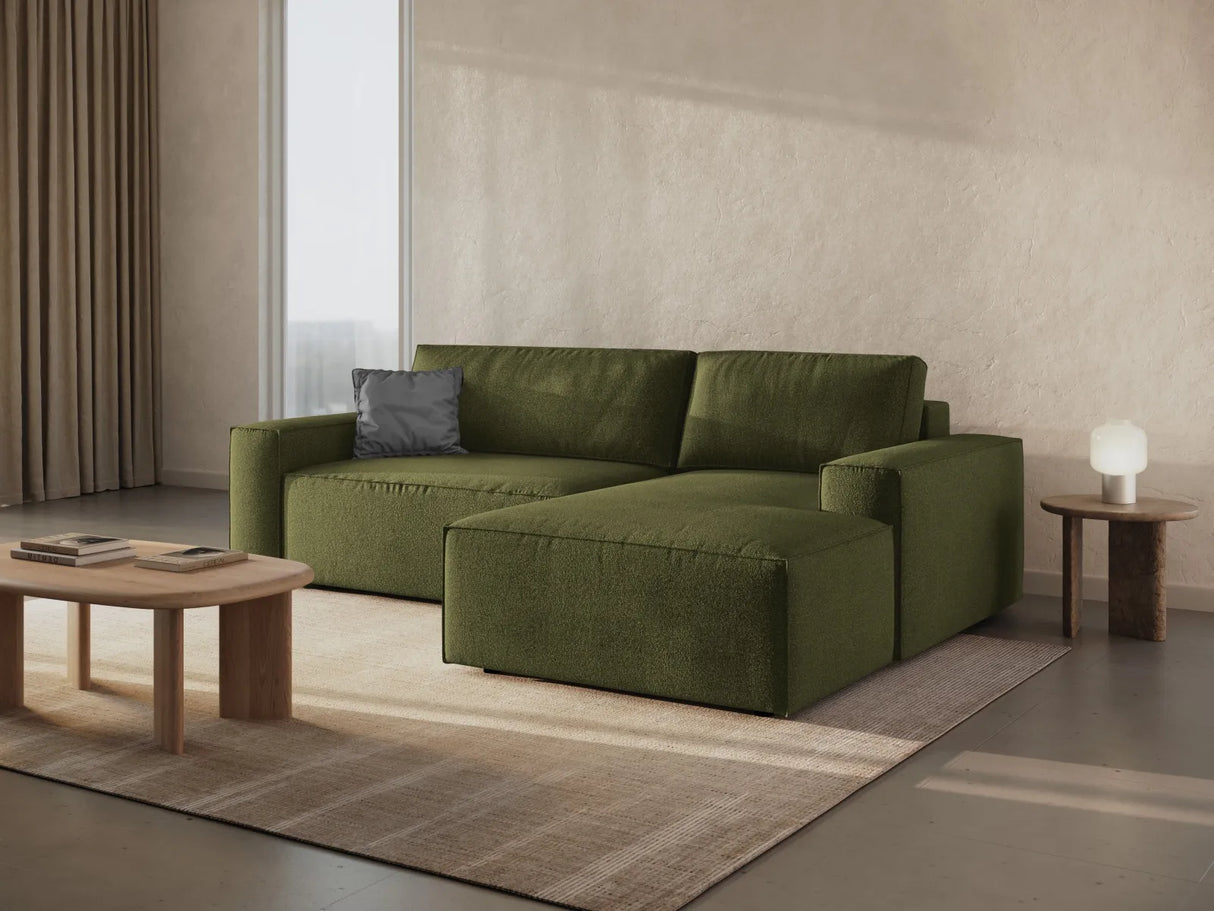 Jodie 3-Sitzer Ecksofa Rechts mit Schlaffunktion und Bettkasten mit Bezug aus Boucle (Bal2090) in Dunkles olivgrün, 246x151 cm – Bild 1