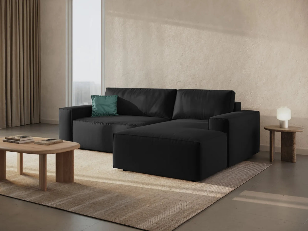 Jodie 3-Sitzer Ecksofa Rechts mit Schlaffunktion und Bettkasten mit Bezug aus Samt (Blu19) in Schwarz, 246x151 cm – Bild 1