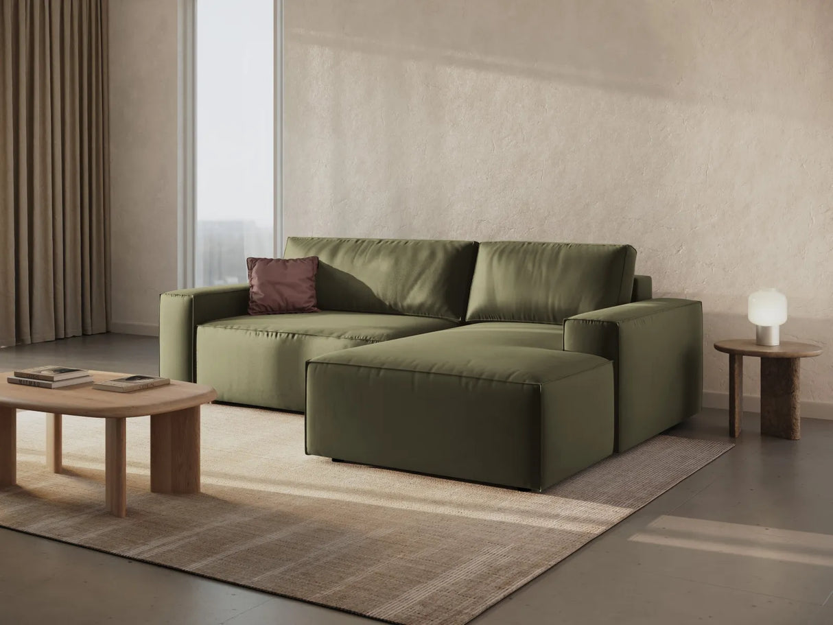 Jodie 3-Sitzer Ecksofa Rechts mit Schlaffunktion und Bettkasten mit Bezug aus Samt (Blu77) in Grün, 246x151 cm – Bild 9