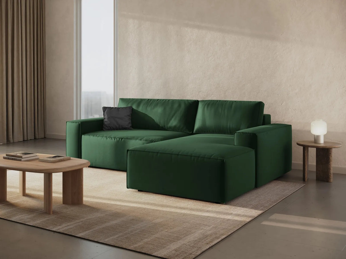 Jodie 3-Sitzer Ecksofa Rechts mit Schlaffunktion und Bettkasten mit Bezug aus Samt (Blu78) in Flaschengrün, 246x151 cm – Bild 1