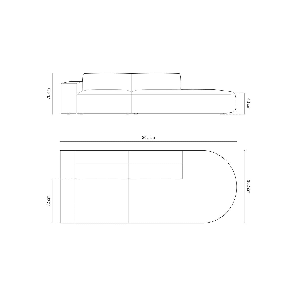 Jodie 3-Sitzer Sofa, Rechte Seite offen, rund, aus Samt oder Strukturstoff, 262x102 cm – Bild 3