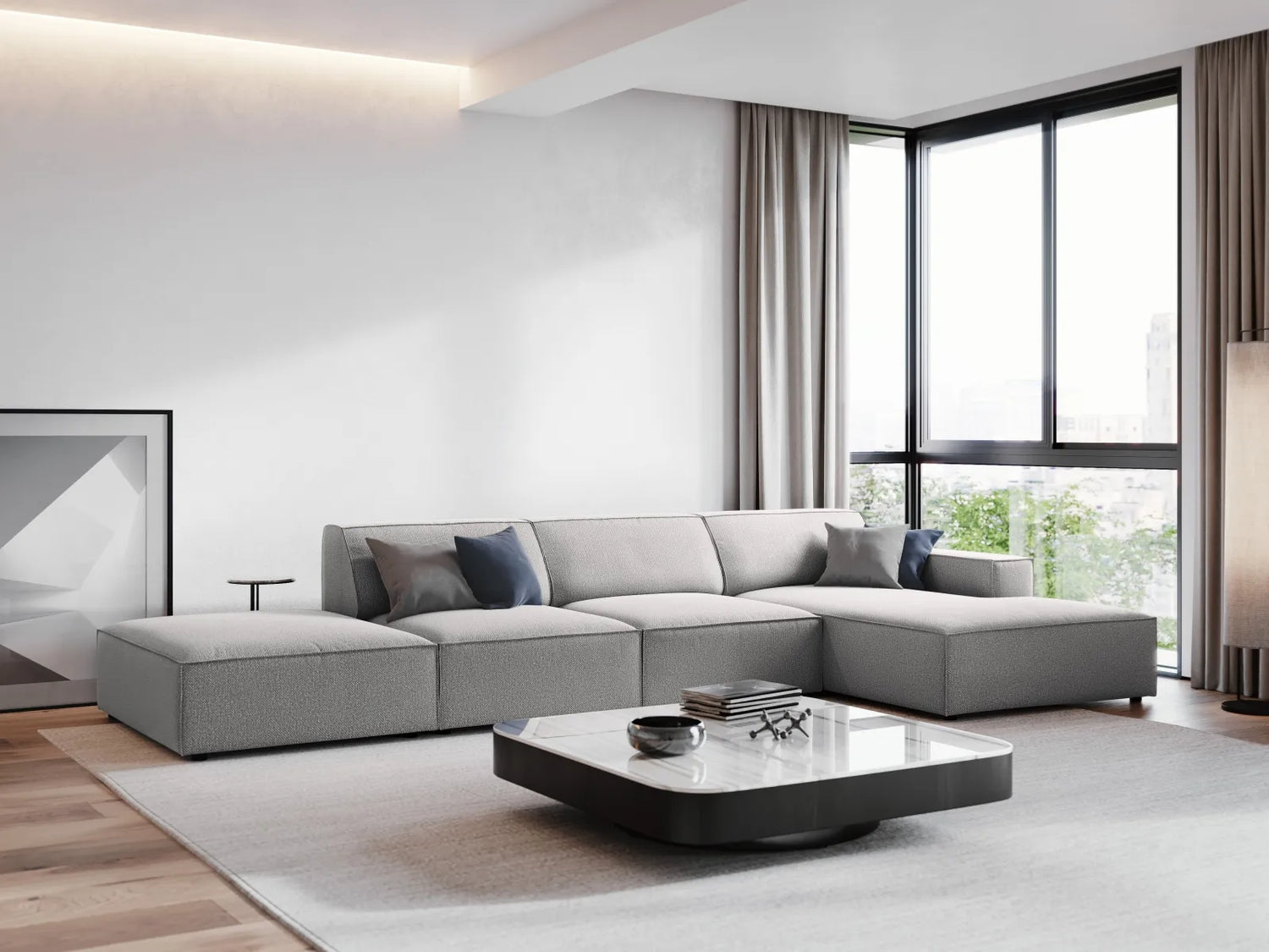 Jodie 4-Sitzer Ecksofa Rechts 341x166 cm aus Strukturierter Stoff (Meg363) in Hellgrau – Bild 1