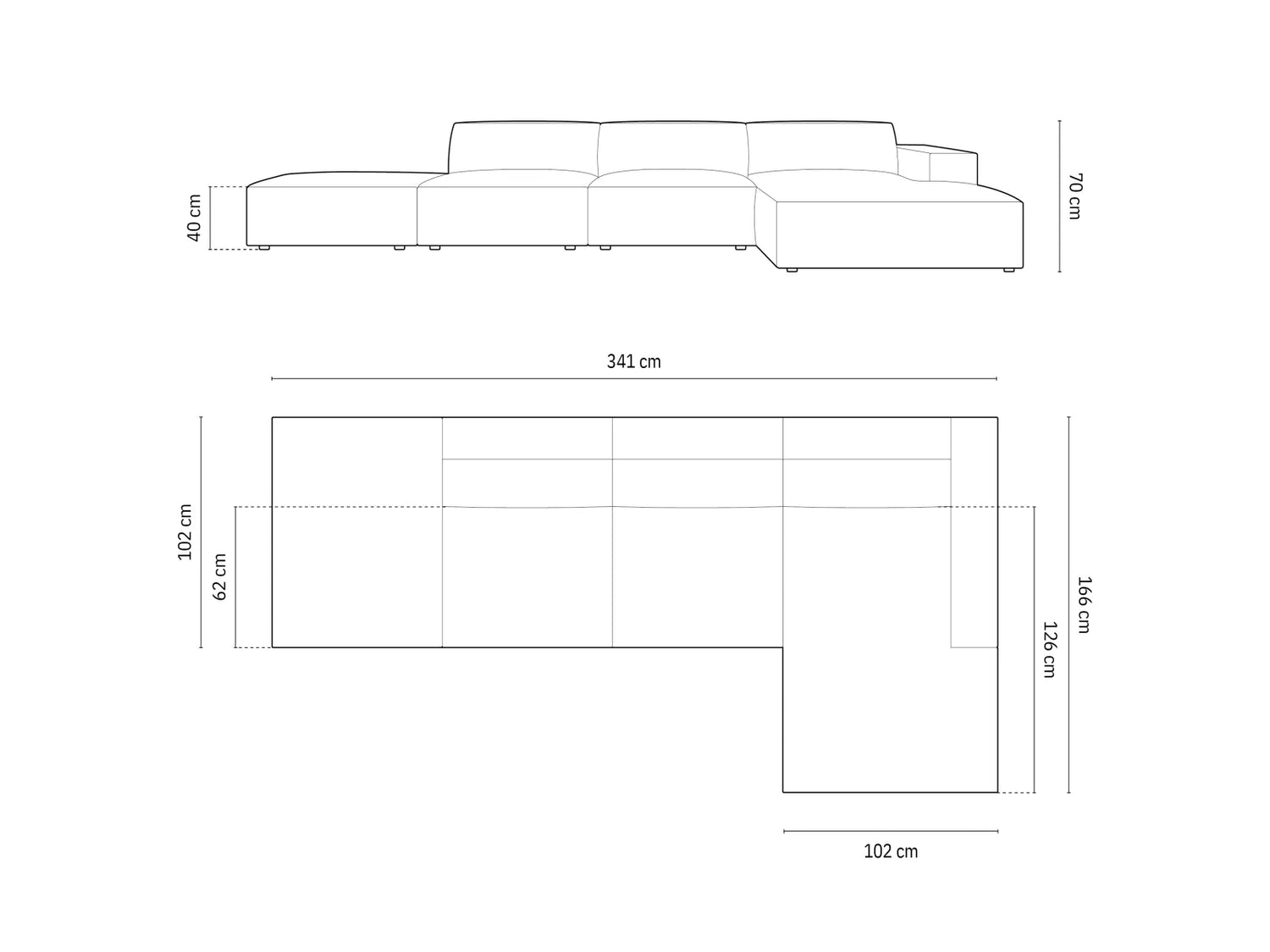 Jodie 4-Sitzer Ecksofa Rechts 341x166 cm aus Strukturierter Stoff (Meg368) in Schwarz – Bild 6
