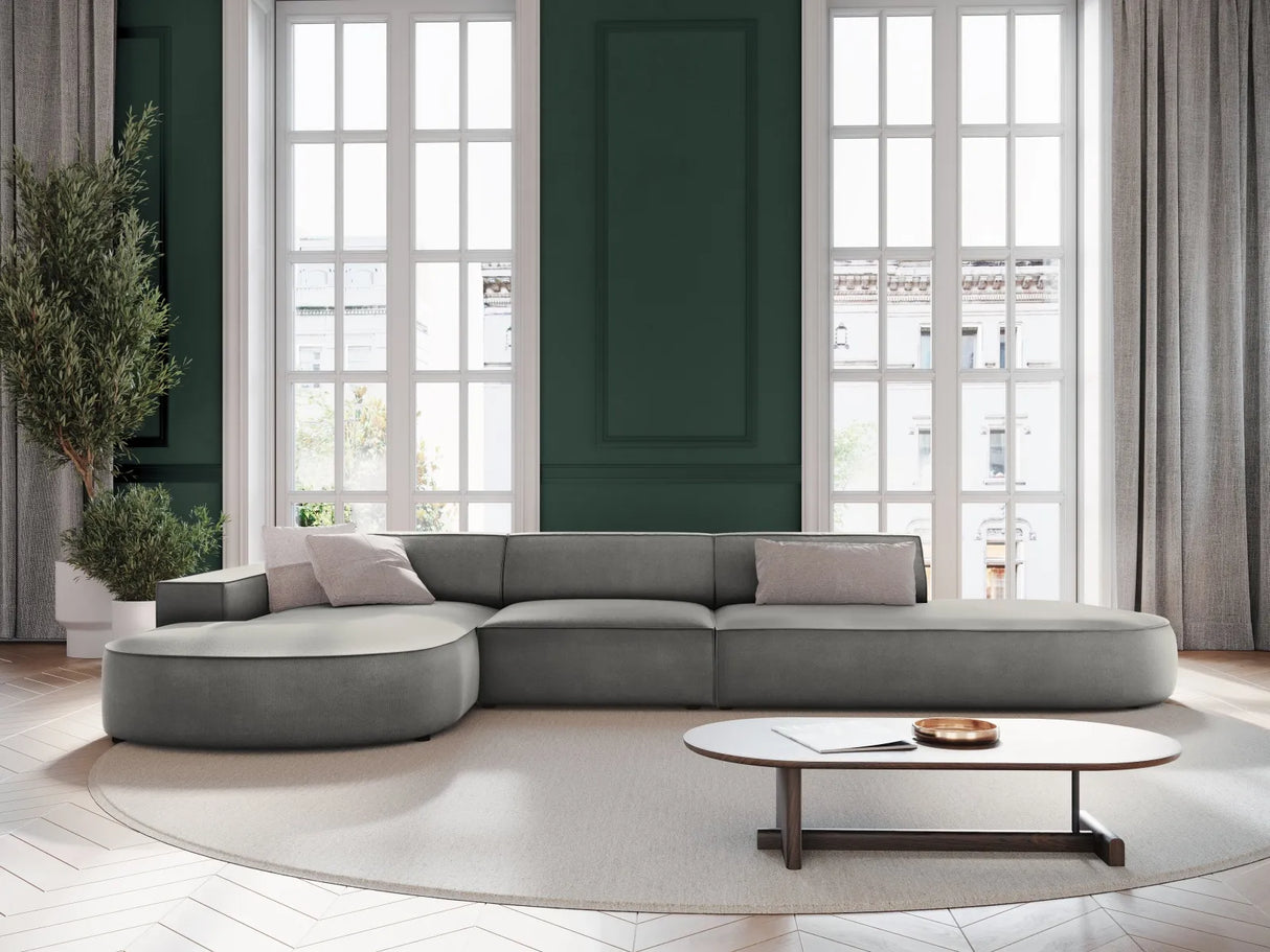 Jodie 5-Sitzer Ecksofa, Linke Seite, rund, aus Samt (Blu13) in Hellgrau, 342x166 cm – Bild 2