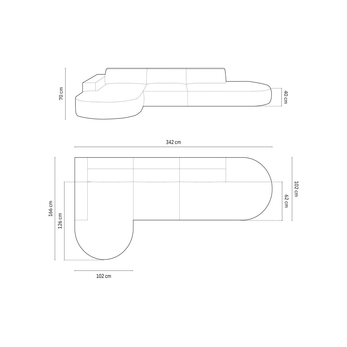 Jodie 5-Sitzer Ecksofa, Linke Seite, rund, aus Samt oder Strukturstoff, 342x166 cm – Bild 3