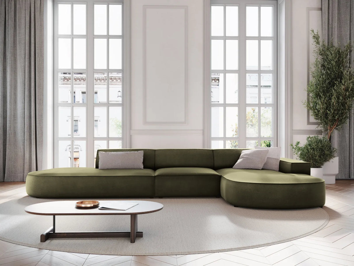 Jodie 5-Sitzer Ecksofa, Rechte Seite, rund, aus Samt (Blu77) in Grün, 342x166 cm – Bild 2