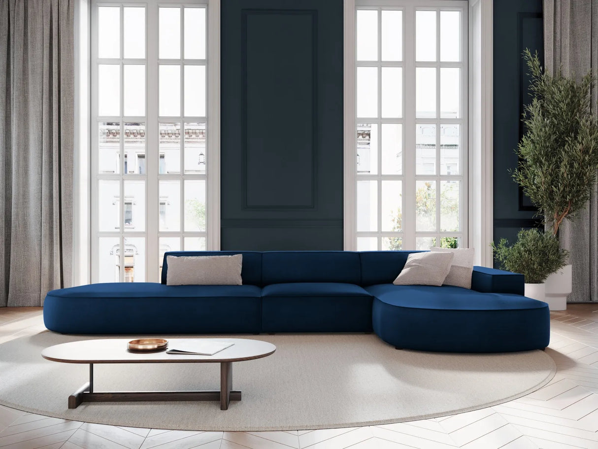 Jodie 5-Sitzer Ecksofa, Rechte Seite, rund, aus Samt (Blu86) in Königsblau, 342x166 cm – Bild 2