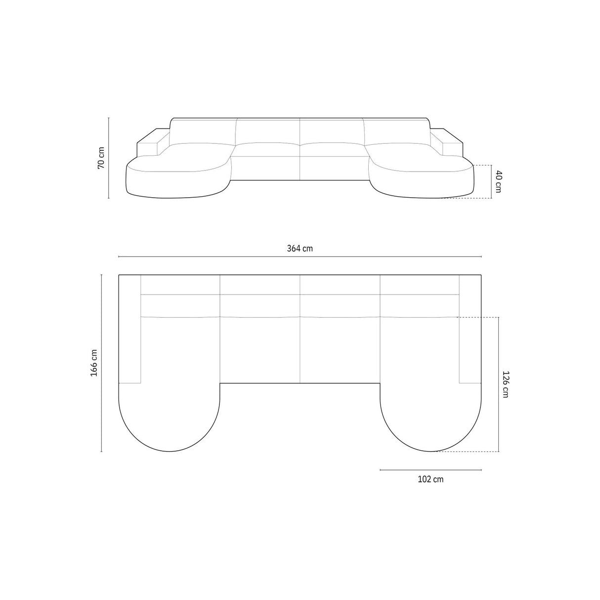Jodie 6-Sitzer Panorama-Ecksofa symmetrisch, rund, aus Samt oder Strukturstoff, 364x166 cm – Bild 3