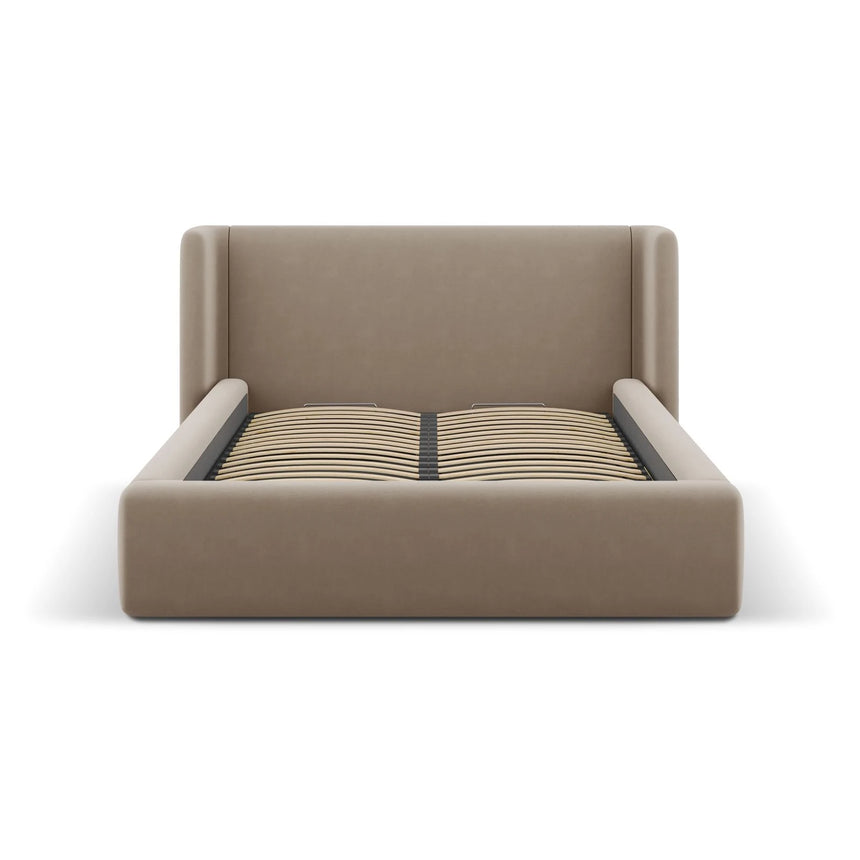Jolene Bett mit Kopfteil und Stauraum, aus Samt (Bluvel 40) in Cappuccino, 200x200 cm – Bild 4