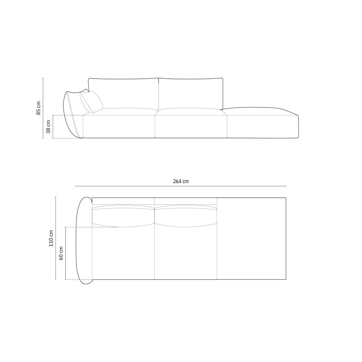Kaelle 3-Sitzer Sofa Rechts offen, mit Bezug aus Samt oder Chenille, 264x110 cm – Bild 2