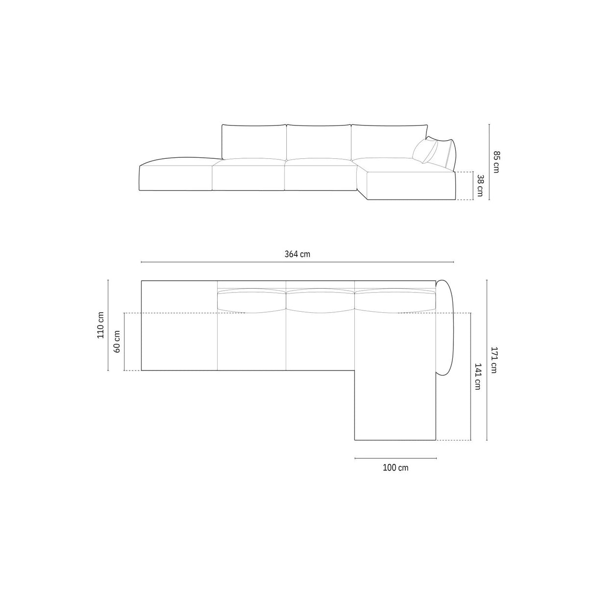 Kaelle 5-Sitzer Ecksofa Rechts, mit Bezug aus Chenille (OTH 97) in Dunkelgrau, 364x171 cm – Bild 2
