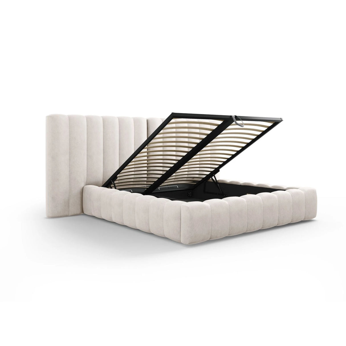 Kelp Bett mit Stauraum und Doppelkopfteil in Samt oder Strukturstoff, 140x200 cm – Bild 5