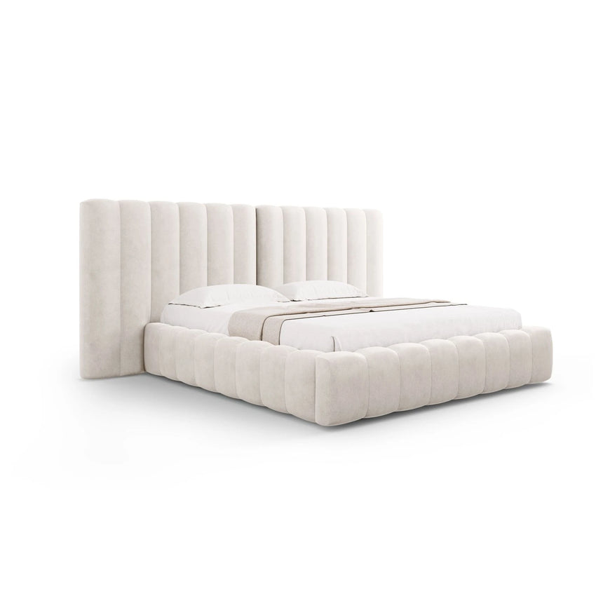 Kelp Bett mit Stauraum und Doppelkopfteil in Samt oder Strukturstoff, 160x200 cm – Bild 1