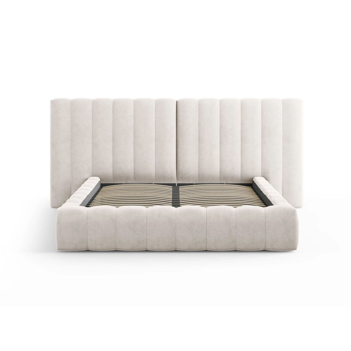 Kelp Bett mit Stauraum und Doppelkopfteil in Samt oder Strukturstoff, 180x200 cm – Bild 3