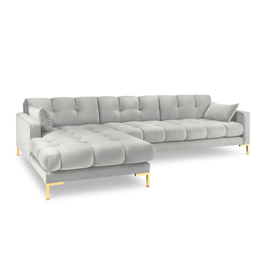 Mamaia 4-Sitzer Ecksofa, Linke Seite, Beine Goldmetall, mit Bezug aus Samt (Blu03) in Silber, 293x185 cm – Bild 1