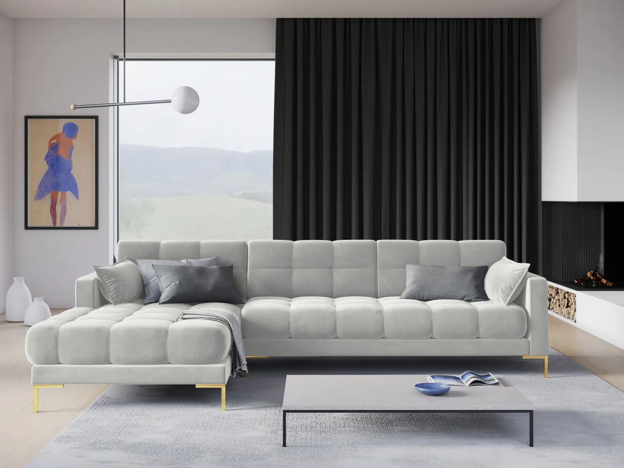Mamaia 4-Sitzer Ecksofa, Linke Seite, Beine Goldmetall, mit Bezug aus Samt (Blu03) in Silber, 293x185 cm – Bild 2