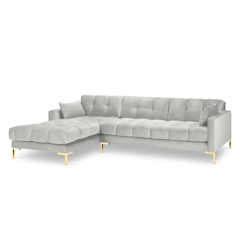 Mamaia 4-Sitzer Ecksofa, Linke Seite, Beine Goldmetall, mit Bezug aus Samt (Blu03) in Silber, 293x185 cm – Bild 4