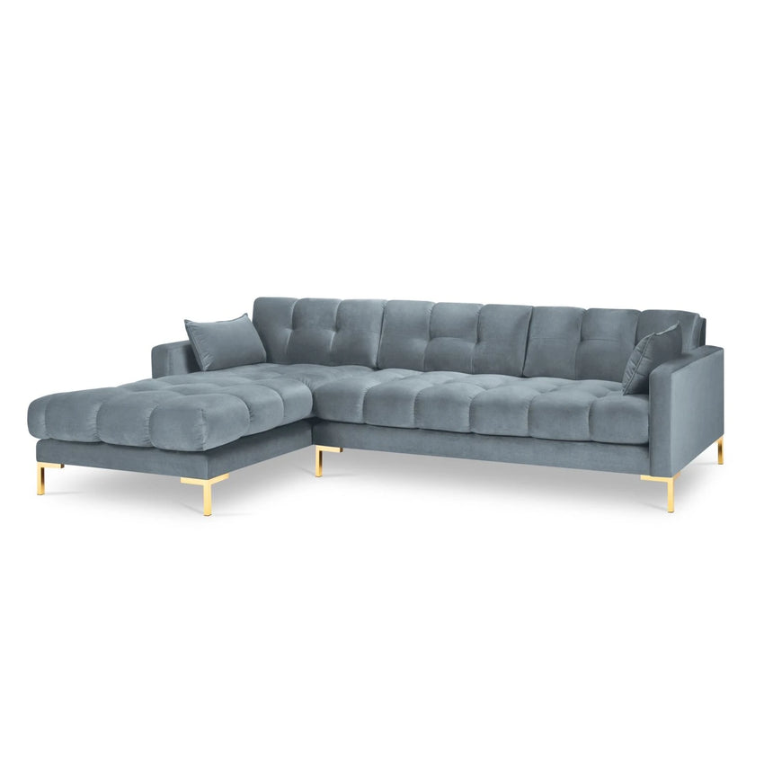 Mamaia 4-Sitzer Ecksofa, Linke Seite, Beine Goldmetall, mit Bezug aus Samt (Blu06) in Hellblau, 293x185 cm – Bild 4