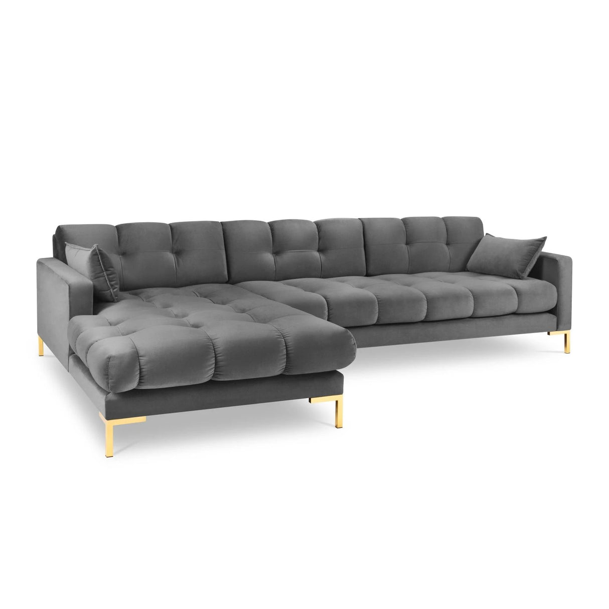 Mamaia 4-Sitzer Ecksofa, Linke Seite, Beine Goldmetall, mit Bezug aus Samt (Blu13) in Hellgrau, 293x185 cm – Bild 1