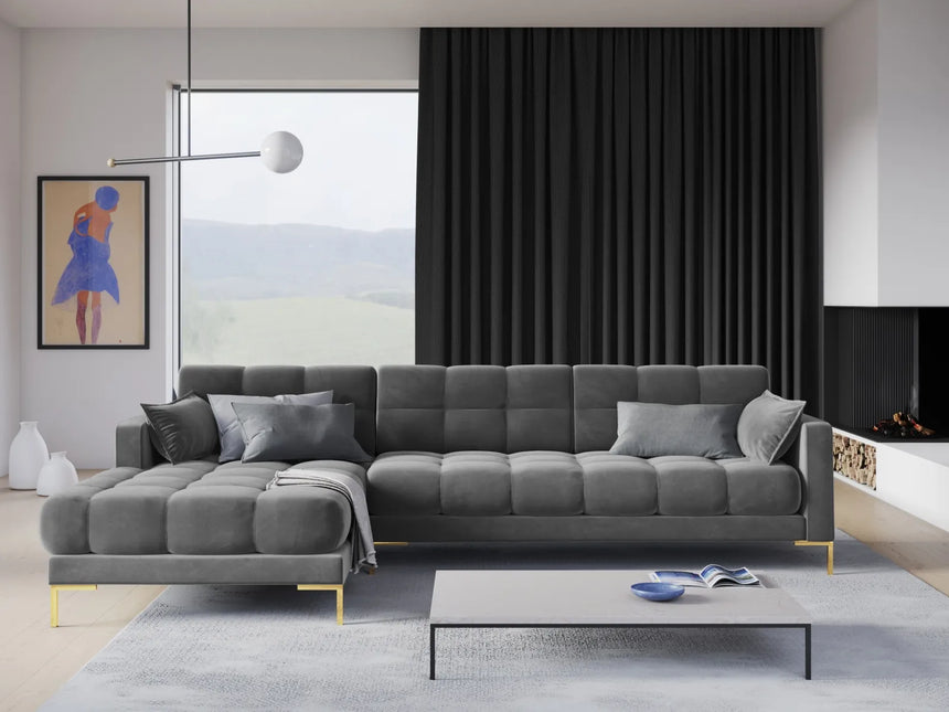 Mamaia 4-Sitzer Ecksofa, Linke Seite, Beine Goldmetall, mit Bezug aus Samt (Blu13) in Hellgrau, 293x185 cm – Bild 2