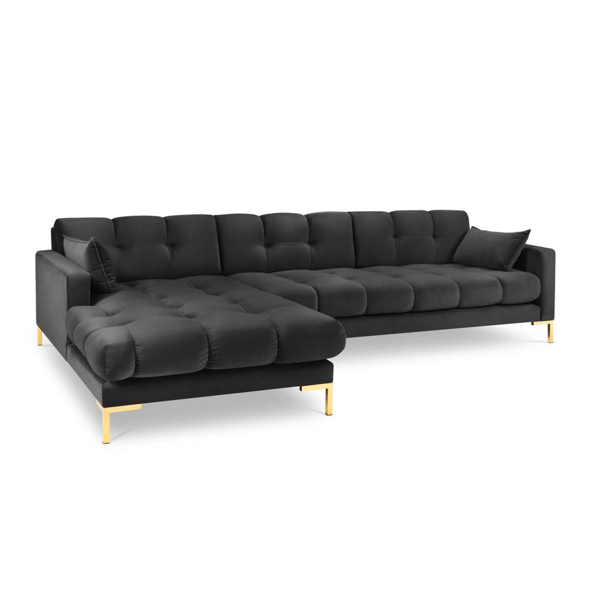 Mamaia 4-Sitzer Ecksofa, Linke Seite, Beine Goldmetall, mit Bezug aus Samt (Blu18) in Dunkelgrau, 293x185 cm – Bild 1