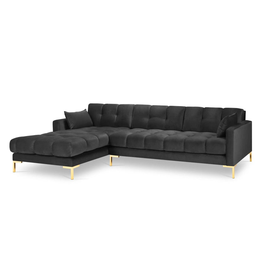 Mamaia 4-Sitzer Ecksofa, Linke Seite, Beine Goldmetall, mit Bezug aus Samt (Blu18) in Dunkelgrau, 293x185 cm – Bild 4