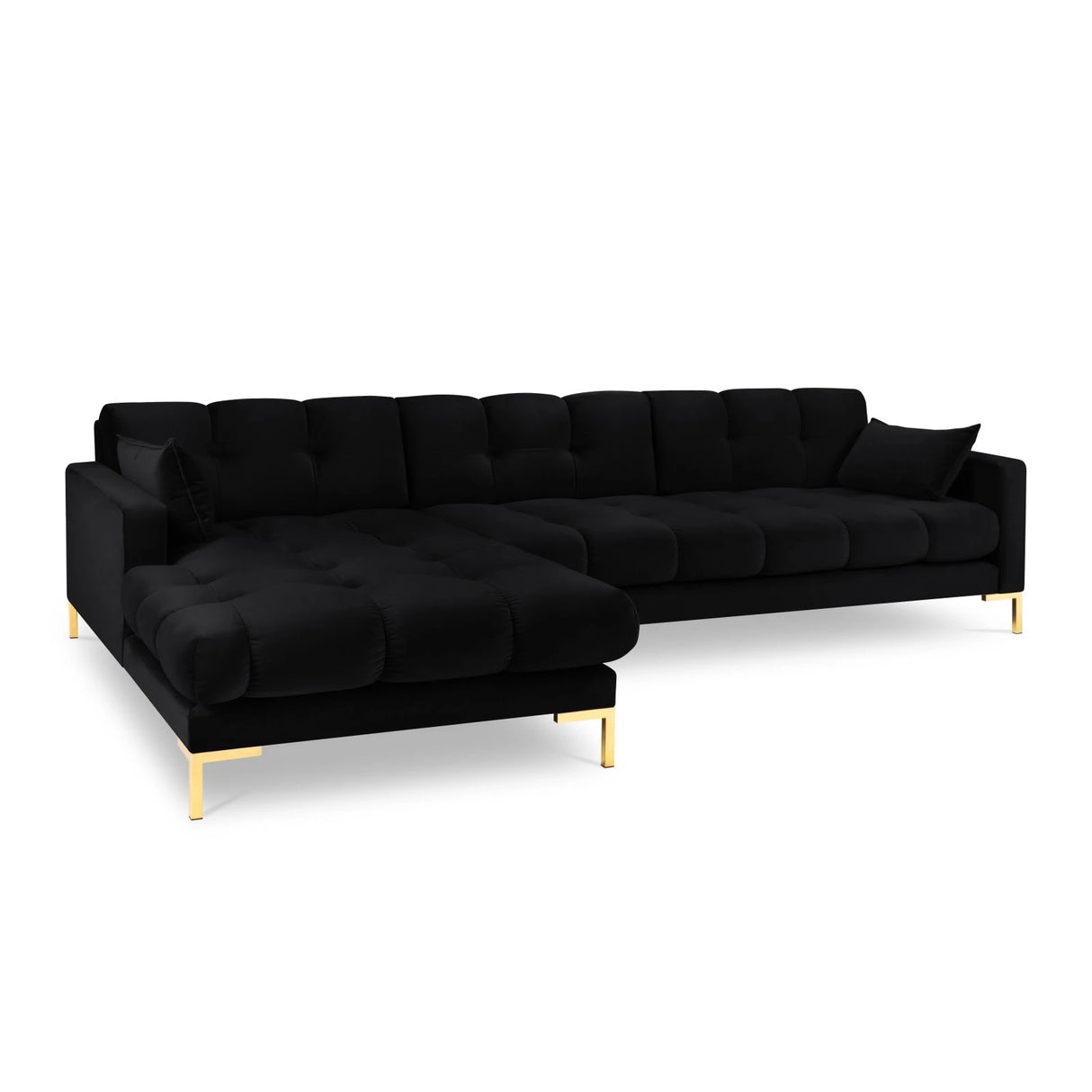 Mamaia 4-Sitzer Ecksofa, Linke Seite, Beine Goldmetall, mit Bezug aus Samt (Blu19) in Schwarz, 293x185 cm – Bild 1