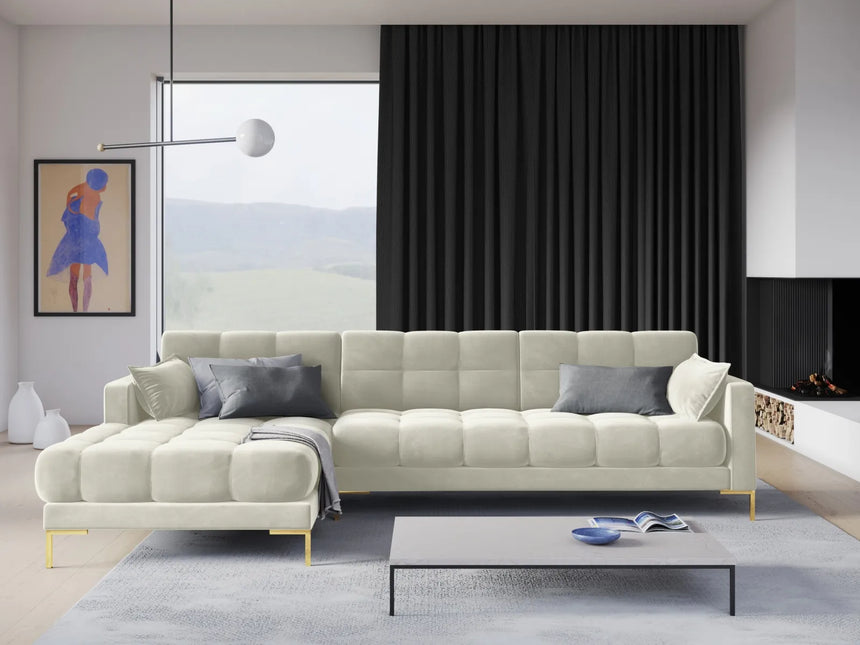 Mamaia 4-Sitzer Ecksofa, Linke Seite, Beine Goldmetall, mit Bezug aus Samt (Blu22) in Leichtes Beige, 293x185 cm – Bild 2