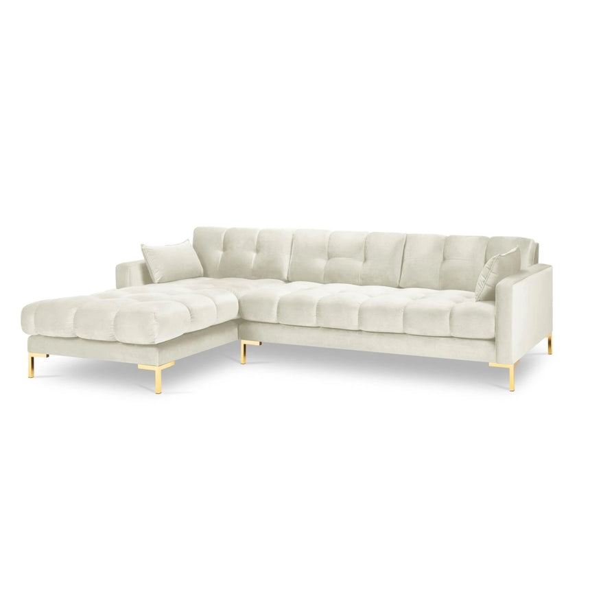 Mamaia 4-Sitzer Ecksofa, Linke Seite, Beine Goldmetall, mit Bezug aus Samt (Blu22) in Leichtes Beige, 293x185 cm – Bild 4