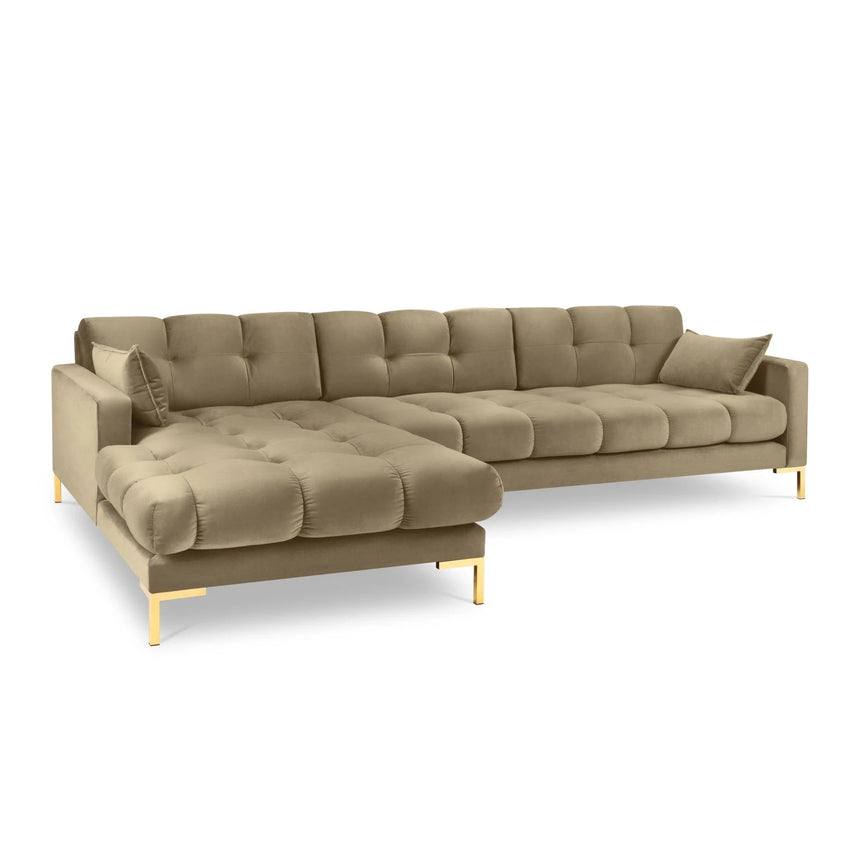 Mamaia 4-Sitzer Ecksofa, Linke Seite, Beine Goldmetall, mit Bezug aus Samt (Blu28) in Beige, 293x185 cm – Bild 1