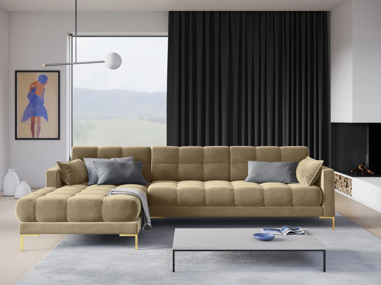 Mamaia 4-Sitzer Ecksofa, Linke Seite, Beine Goldmetall, mit Bezug aus Samt (Blu28) in Beige, 293x185 cm – Bild 2
