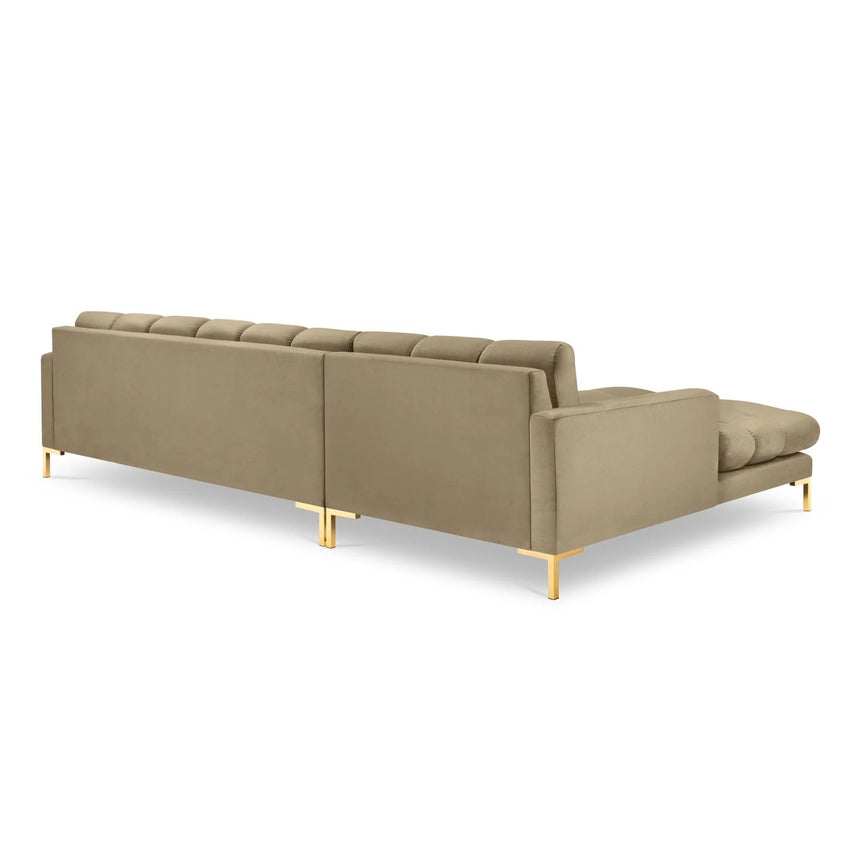 Mamaia 4-Sitzer Ecksofa, Linke Seite, Beine Goldmetall, mit Bezug aus Samt (Blu28) in Beige, 293x185 cm – Bild 5