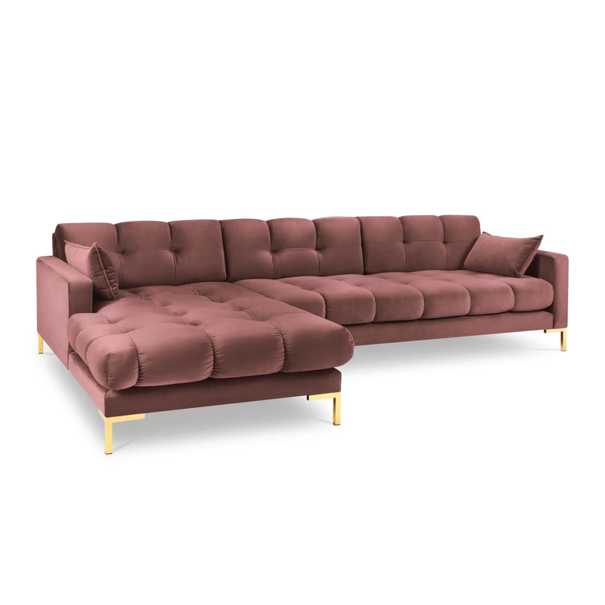 Mamaia 4-Sitzer Ecksofa, Linke Seite, Beine Goldmetall, mit Bezug aus Samt (Blu52) in Rosa, 293x185 cm – Bild 1