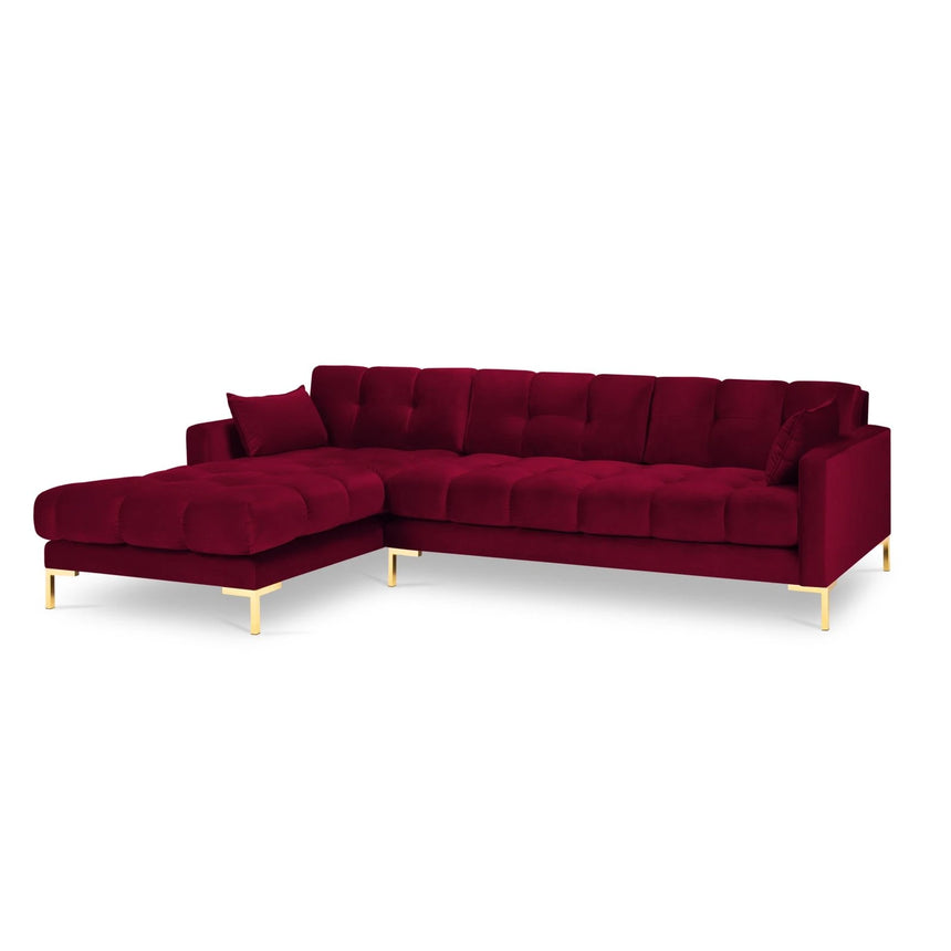 Mamaia 4-Sitzer Ecksofa, Linke Seite, Beine Goldmetall, mit Bezug aus Samt (Blu59) in Rot, 293x185 cm – Bild 4