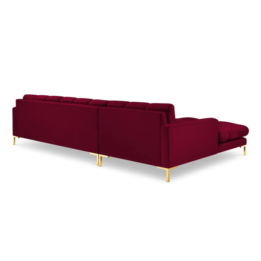 Mamaia 4-Sitzer Ecksofa, Linke Seite, Beine Goldmetall, mit Bezug aus Samt (Blu59) in Rot, 293x185 cm – Bild 5